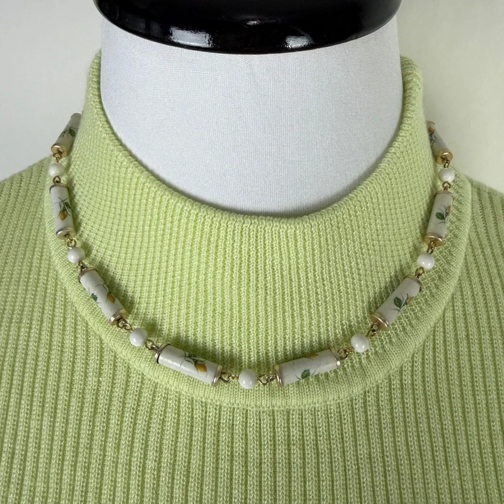 Vintage Floral Porcelain Tube Bead & White Round Bead Long Necklace 38 Inch Gold